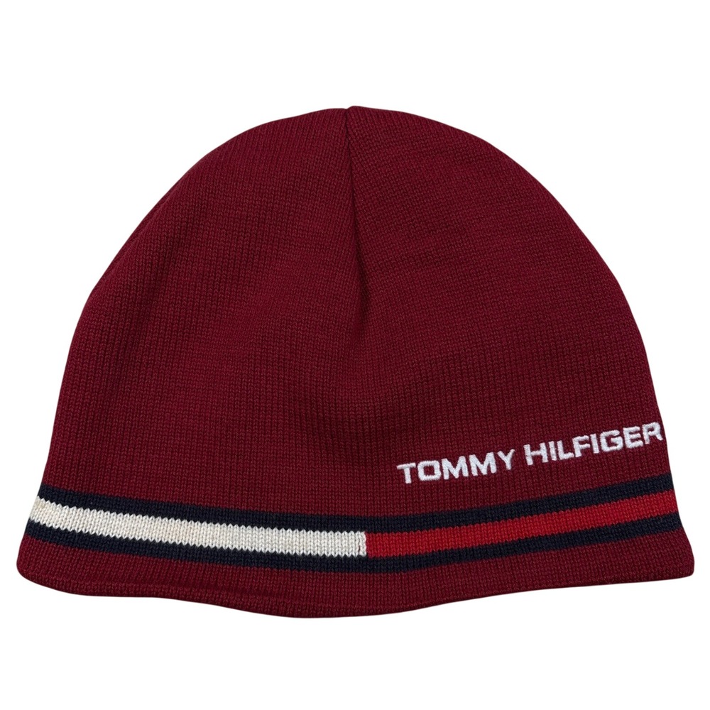 Tommy Hilfiger Beanie Hat Unisex OS Burgundy Vintage VTG Y2K Prep Streetwear